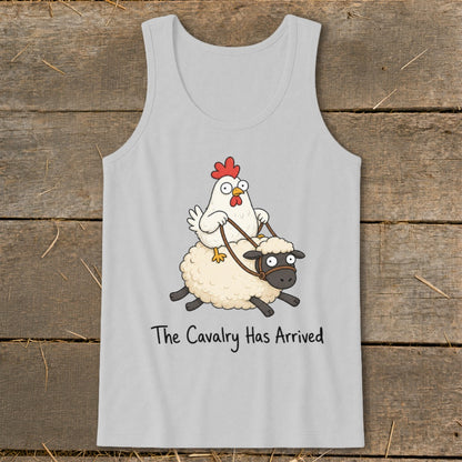 White chicken riding a fluffy sheep with text "The Cavalry Has Arrived."