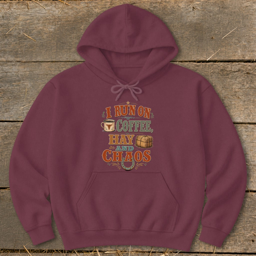 Burgundy hoodie with "I run on coffee, hay, and chaos" graphic.