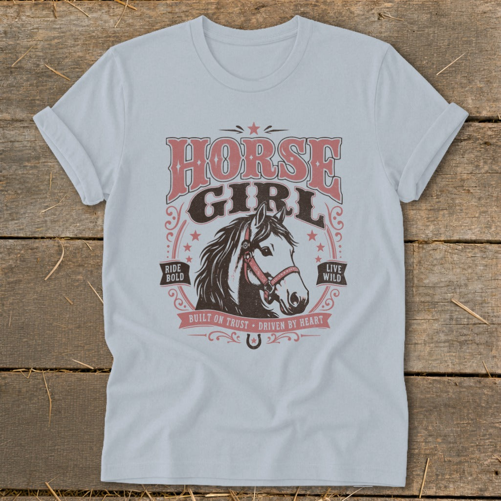 Light blue t-shirt with "HORSE GIRL" design featuring a horse head, stars, and text.