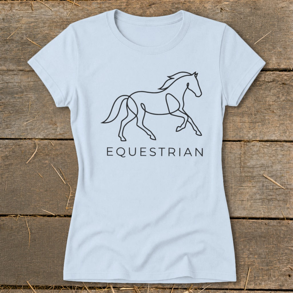Light blue t-shirt with a black line drawing of a horse and the word EQUESTRIAN.