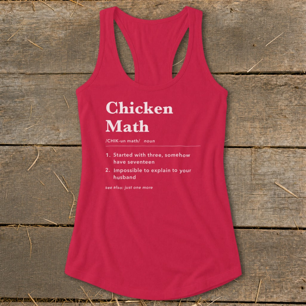 Pink tank top with "Chicken Math" definition and humorous explanations.