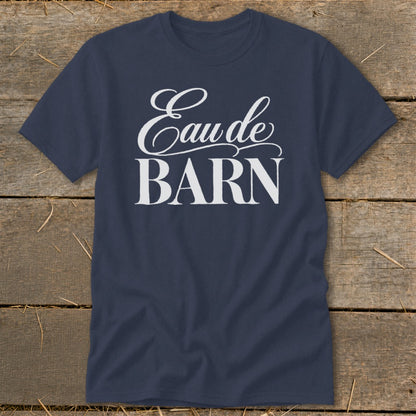 Navy t-shirt with white text reading "Eau de BARN".