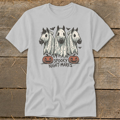 Three horses in ghost costumes with pumpkins and bats, text "Spooky Night-mares".