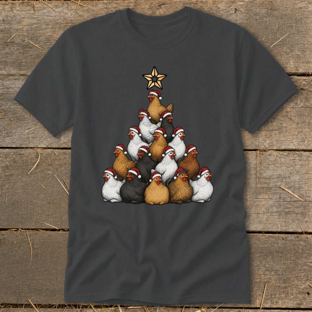 Dark grey t-shirt with a Christmas tree made of chickens wearing Santa hats.