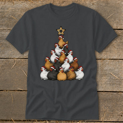Dark grey t-shirt with a Christmas tree made of chickens wearing Santa hats.