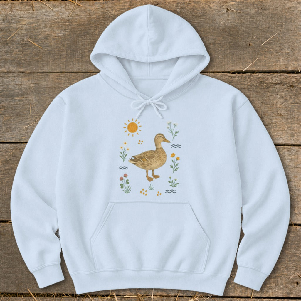 Light blue hoodie with a mallard duck and floral graphic.