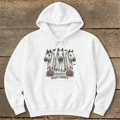 White hoodie with spooky night-mares graphic featuring three horses in ghost costumes.