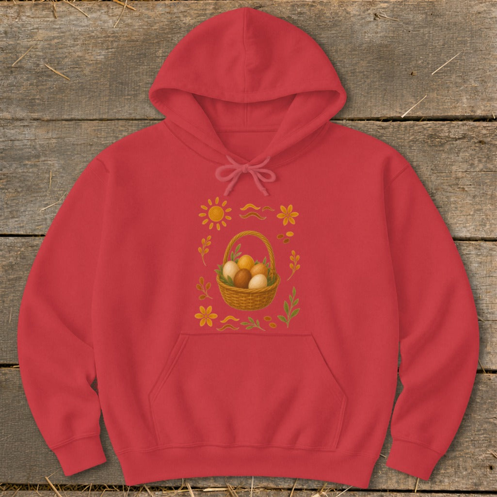Red hoodie with a woven basket of Easter eggs and floral accents design.
