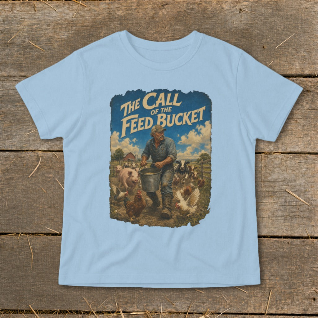 Farmer feeding pigs, cows, and chickens with text "The Call of the Feed Bucket".