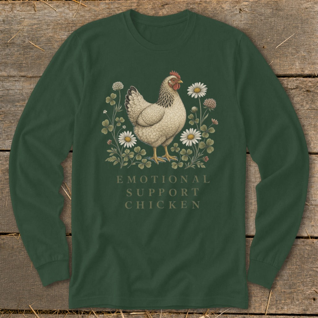 Chicken surrounded by clovers and daisies, text reads Emotional Support Chicken.