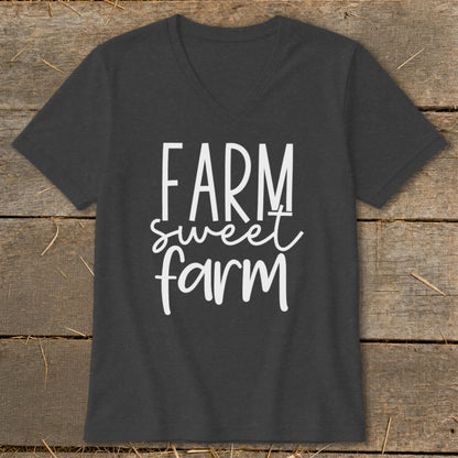 Dark gray v-neck t-shirt with "FARM sweet farm" text in white.