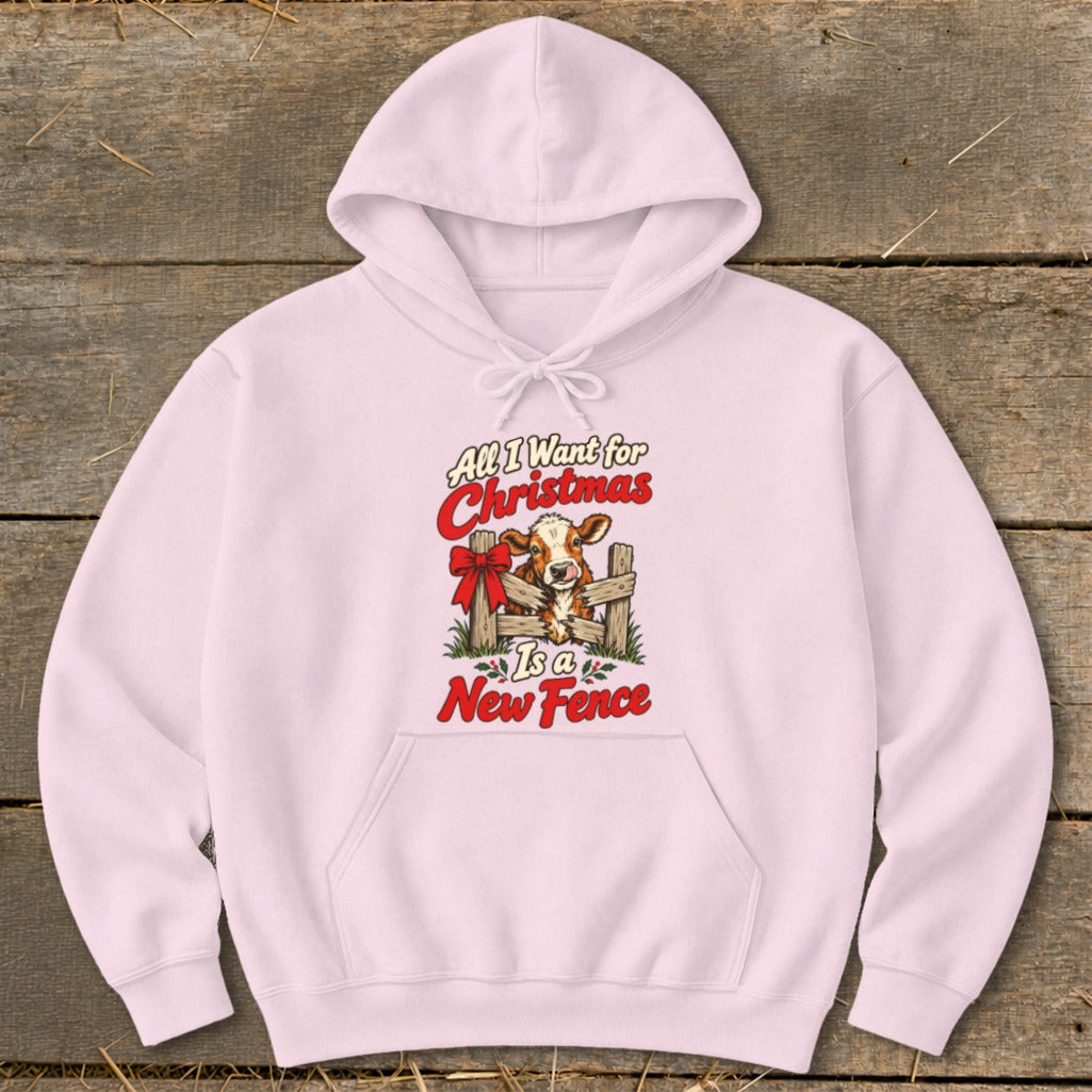 Pink hoodie with "All I Want for Christmas Is a New Fence" text and cow graphic.