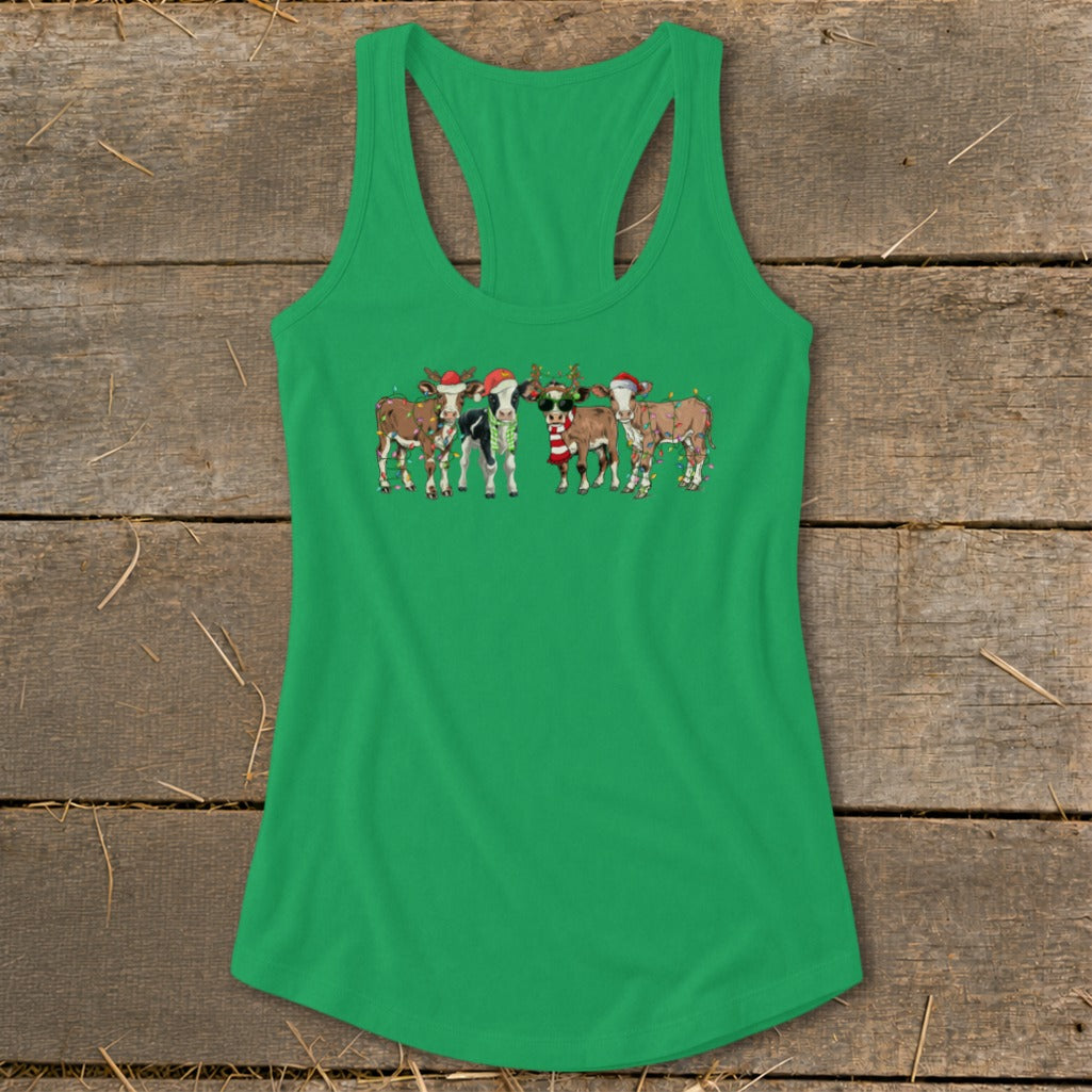 Green tank top with cartoon cows wearing Santa hats and Christmas lights.