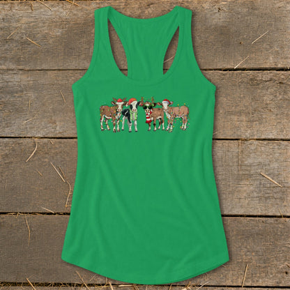 Green tank top with cartoon cows wearing Santa hats and Christmas lights.