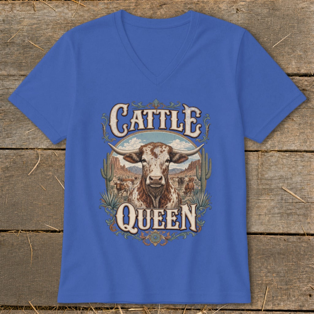 Blue v-neck t-shirt with a Texas Longhorn bull and "Cattle Queen" text.