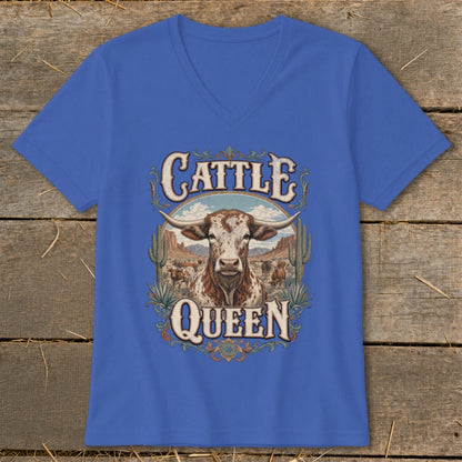 Blue v-neck t-shirt with a Texas Longhorn bull and "Cattle Queen" text.