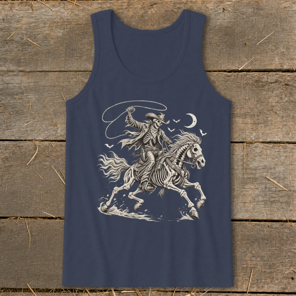 Skeleton cowboy on horseback with lasso under a crescent moon, on a navy tank top.
