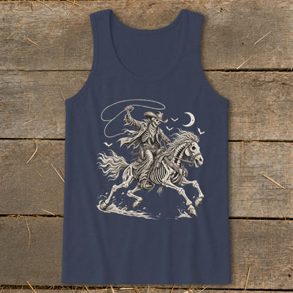 Skeleton cowboy on horseback with lasso under a crescent moon, on a navy tank top.