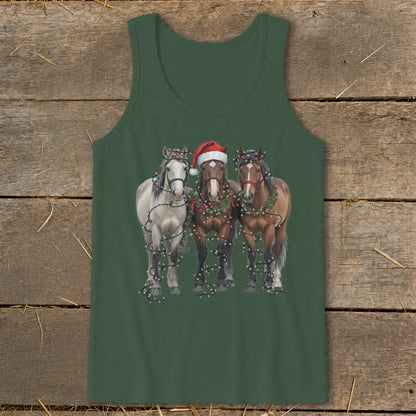 Three horses wear Santa hats and Christmas lights on a dark green tank top.