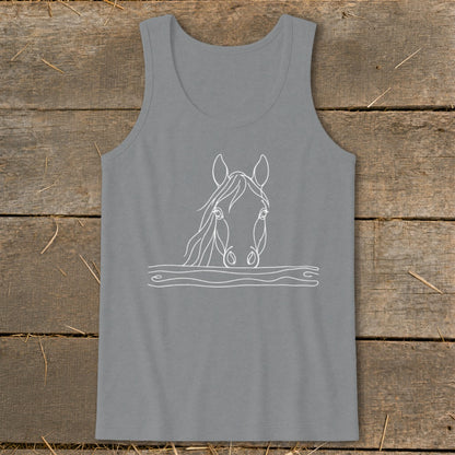 Grey tank top with white line art of a horse's head peeking over a wavy line.