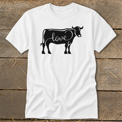 White t-shirt with black silhouette of a cow with the word "love" inside.