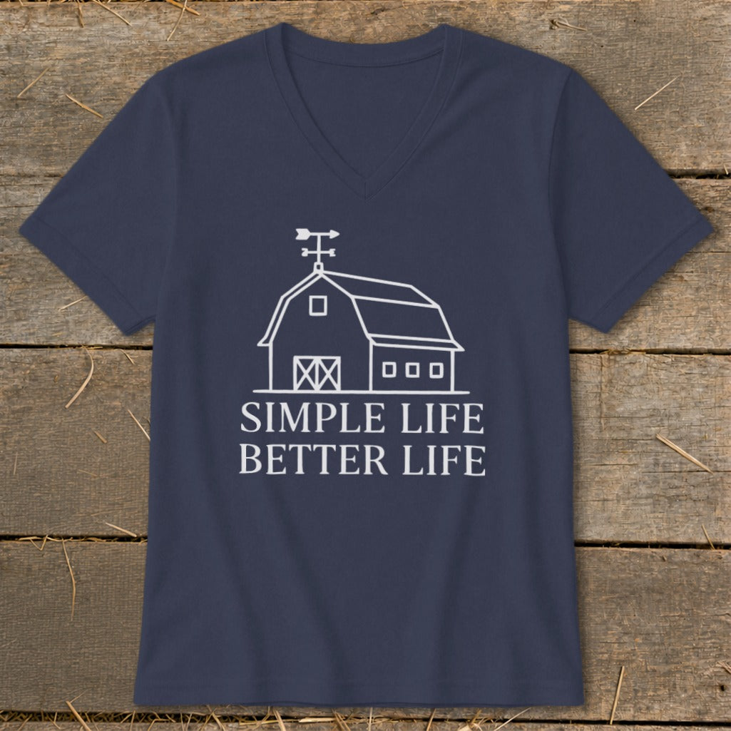 Navy v-neck t-shirt with white barn graphic and text "SIMPLE LIFE BETTER LIFE".