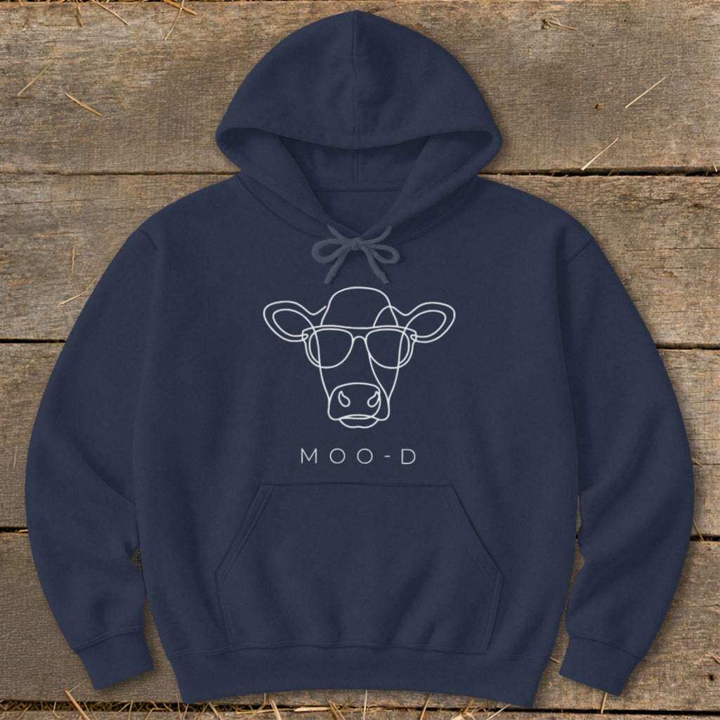 Navy hoodie with a minimalist white outline of a cow wearing sunglasses and the text "MOO-D".