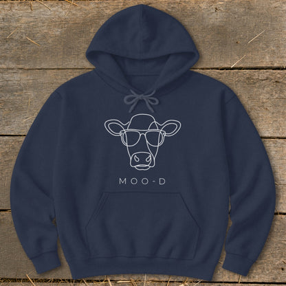 Navy hoodie with a minimalist white outline of a cow wearing sunglasses and the text "MOO-D".