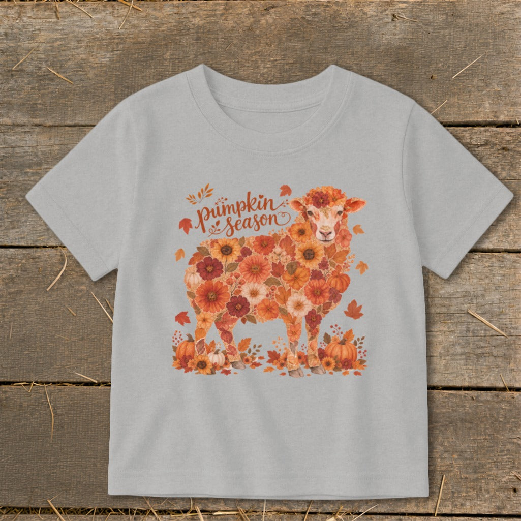 Light grey t-shirt with a floral sheep graphic and "pumpkin season" text.