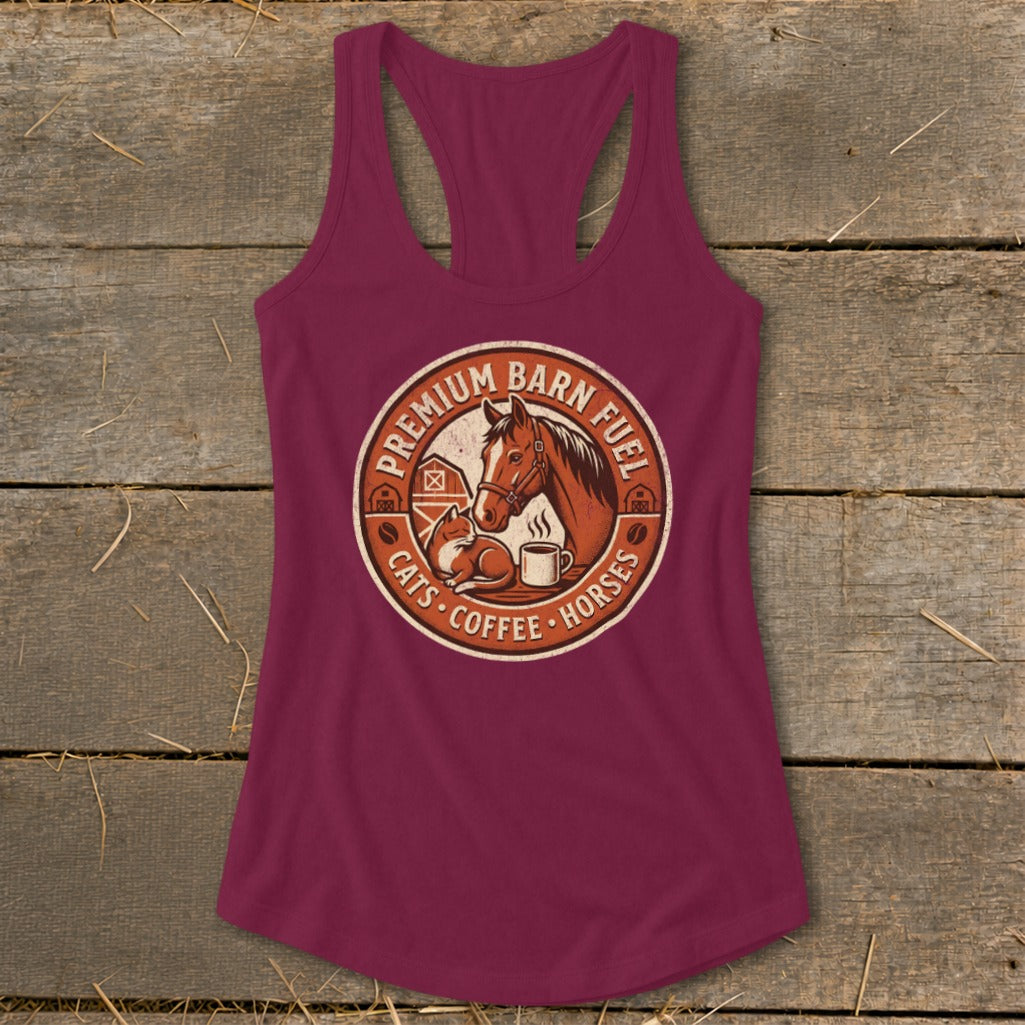 Maroon tank top with "Premium Barn Fuel" circle logo featuring horse, cat, barn, and coffee cup.