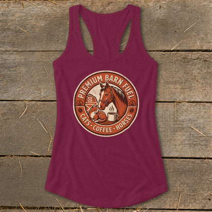 Maroon tank top with "Premium Barn Fuel" circle logo featuring horse, cat, barn, and coffee cup.