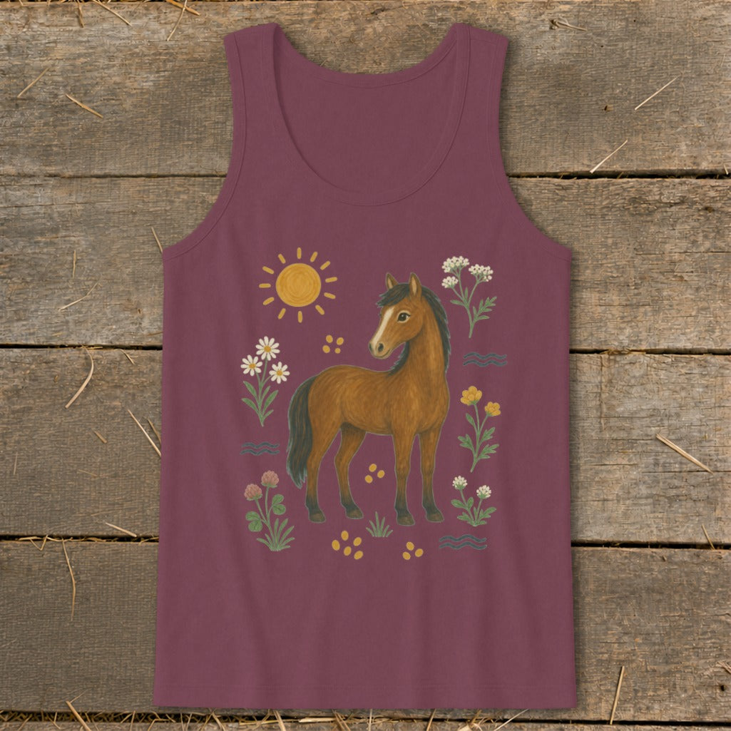 Brown horse with flowers, sun, and water designs on a maroon tank top.