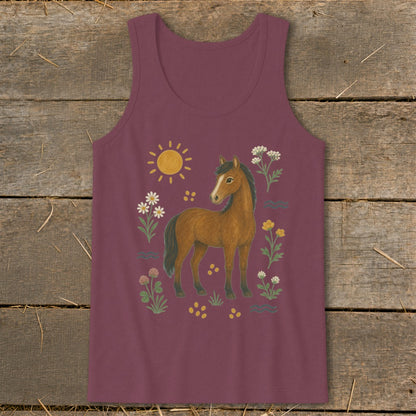 Brown horse with flowers, sun, and water designs on a maroon tank top.