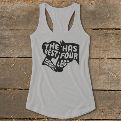 Grey tank top with "The best therapist has four legs" text and horse head graphic.