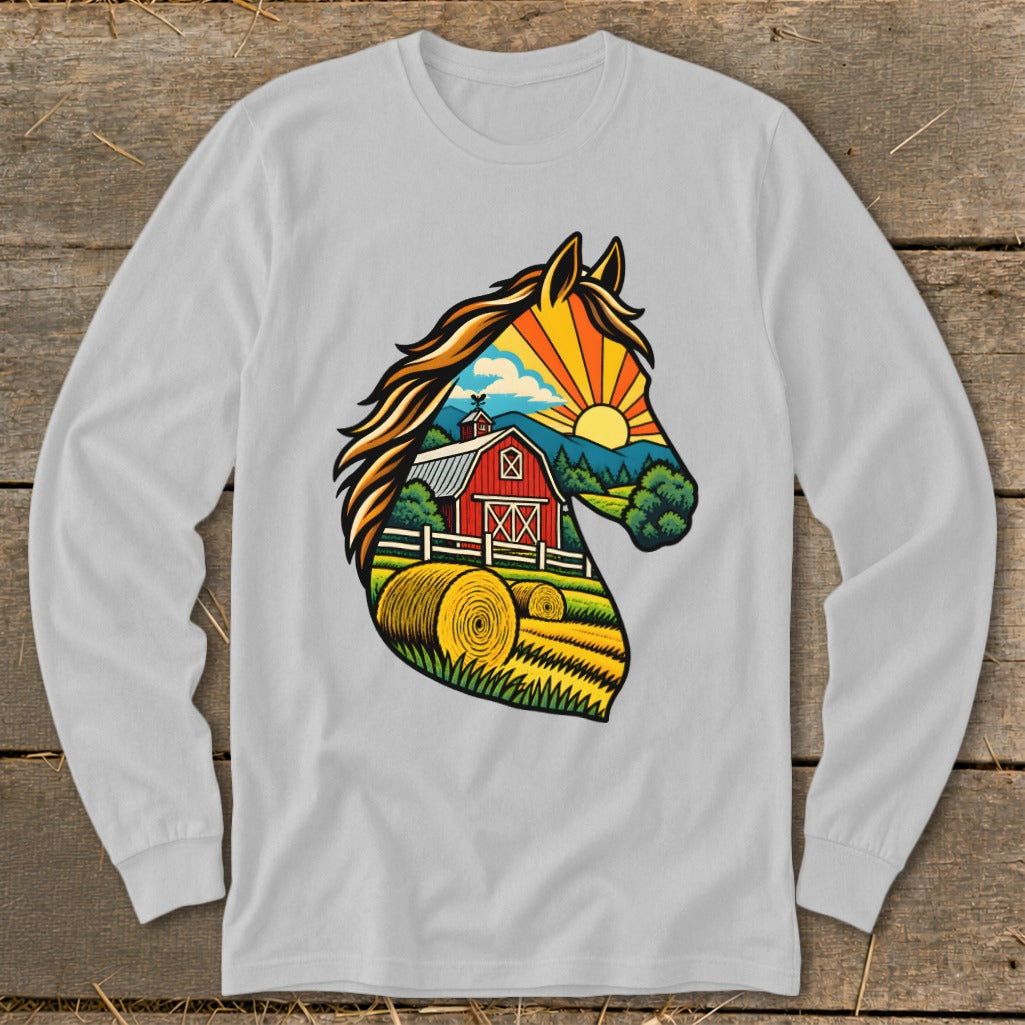 Light gray long-sleeve t-shirt featuring a colorful graphic of a horse head filled with a farm landscape.