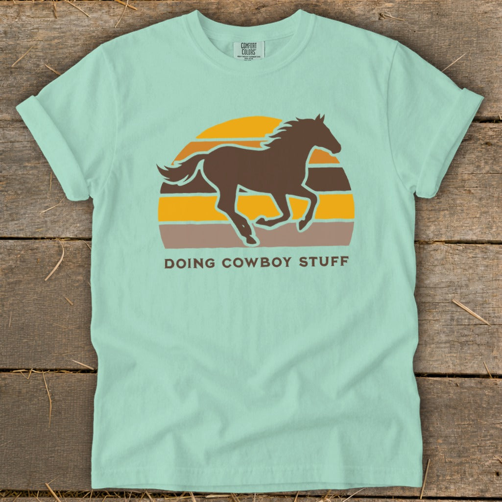 Light blue t-shirt with brown horse silhouette and "Doing Cowboy Stuff" text.
