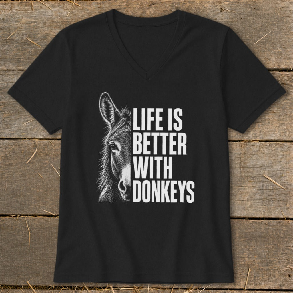 Black t-shirt with a donkey illustration and "Life is Better With Donkeys" text.