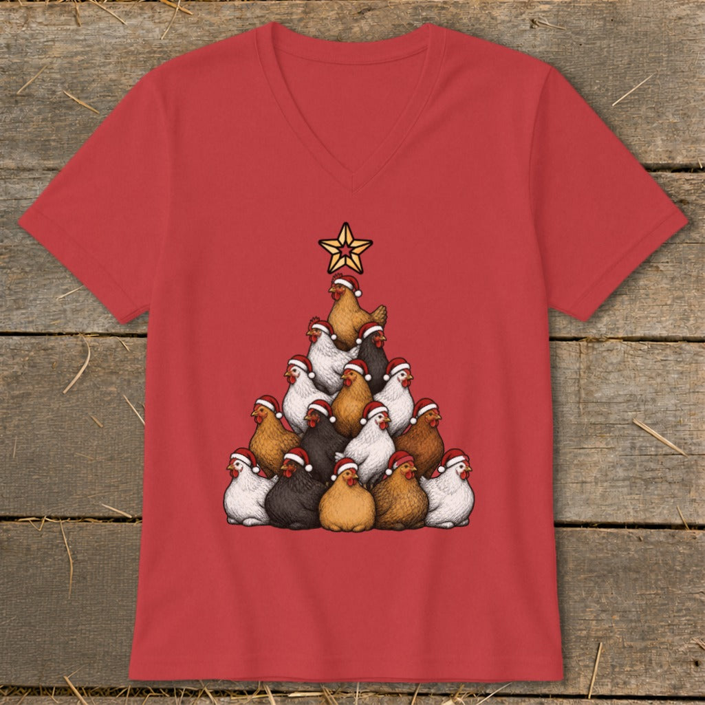 Red t-shirt with a Christmas tree made of chickens wearing Santa hats.