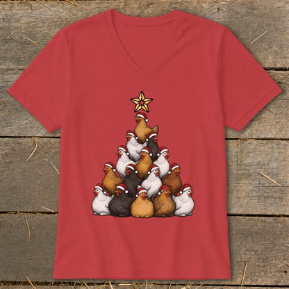 Red t-shirt with a Christmas tree made of chickens wearing Santa hats.