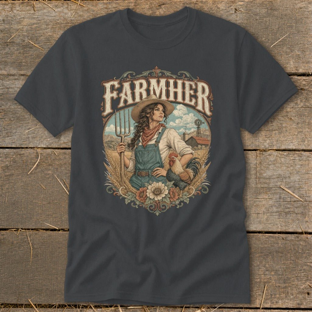 "FARMHER" text above farmer woman with pitchfork and rooster, farm scene.