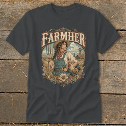 "FARMHER" text above farmer woman with pitchfork and rooster, farm scene.
