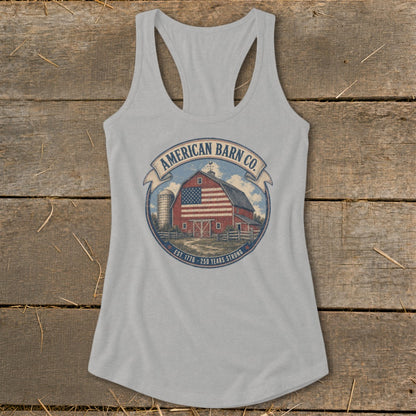 Light gray tank top with "American Barn Co." and a barn with an American flag design.