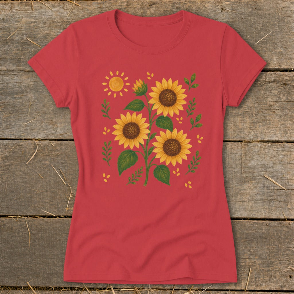Red t-shirt with a watercolor-style sunflower and sun graphic.