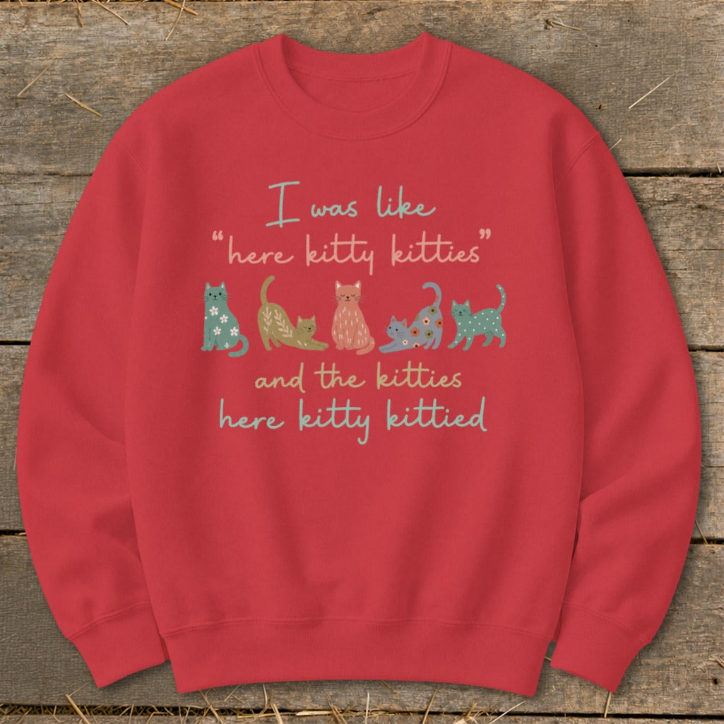 Red sweatshirt with "I was like 'here kitty kitties' and the kitties here kitty kittied" and cartoon cats.
