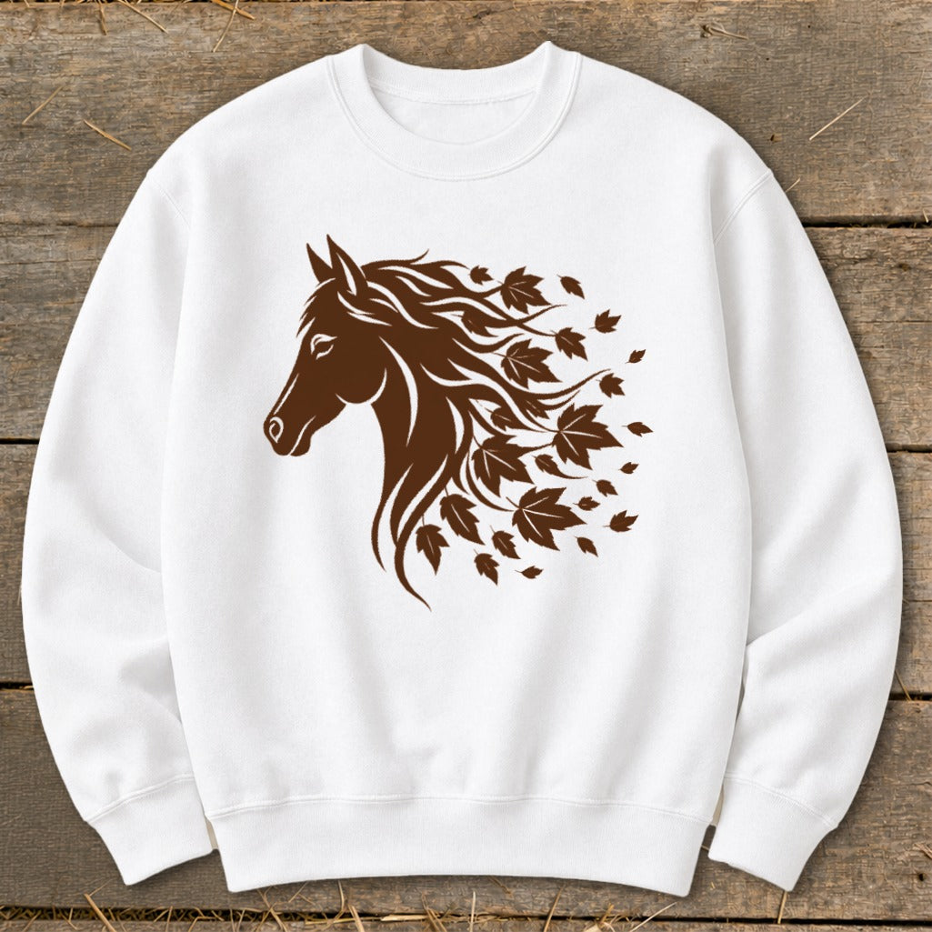 White sweatshirt with a brown horse head and swirling maple leaves design.