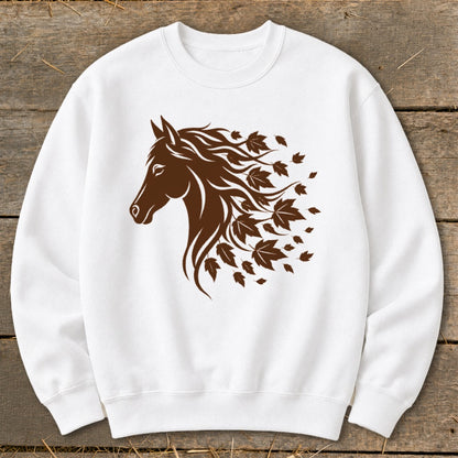 White sweatshirt with a brown horse head and swirling maple leaves design.