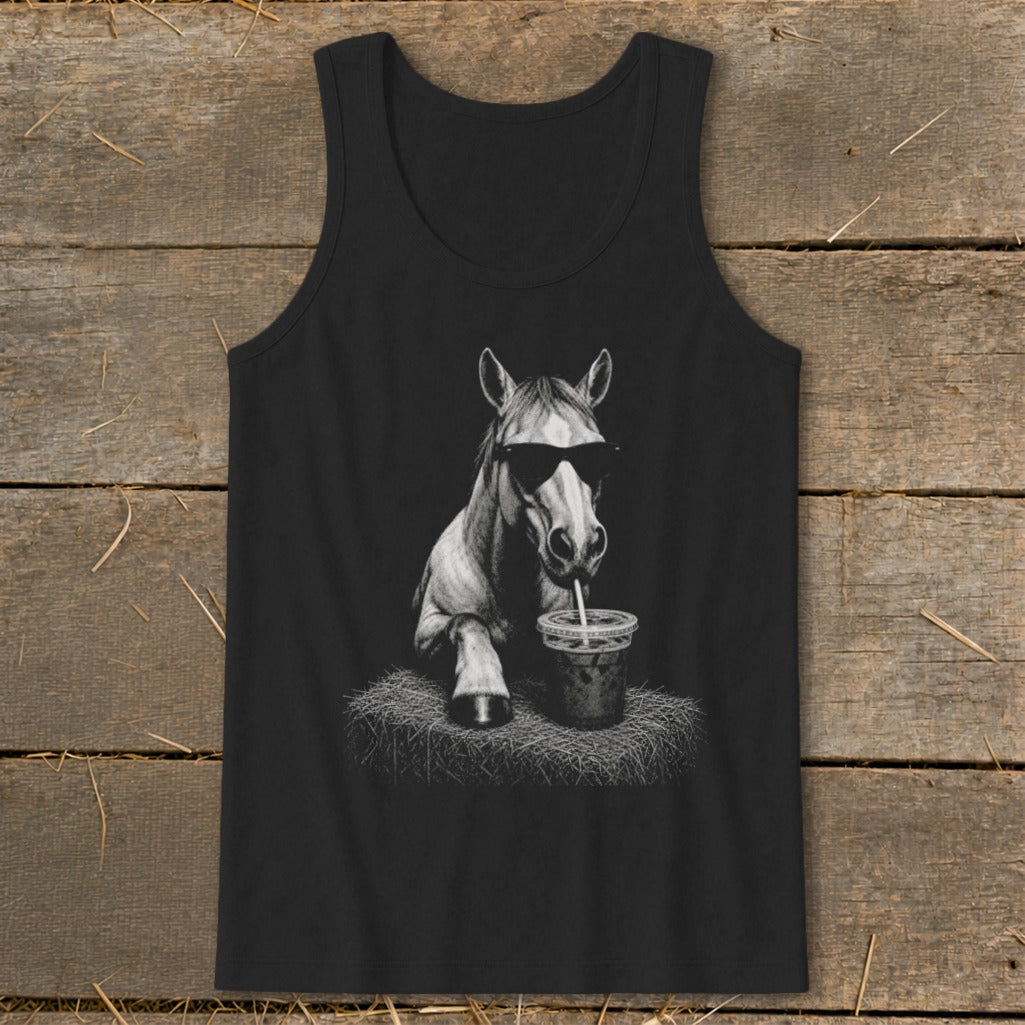 Black tank top with a horse wearing sunglasses drinking coffee graphic.