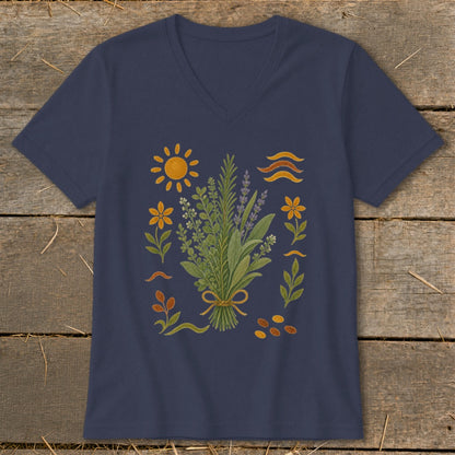 Navy v-neck t-shirt with a bouquet of herbs and botanical illustrations.