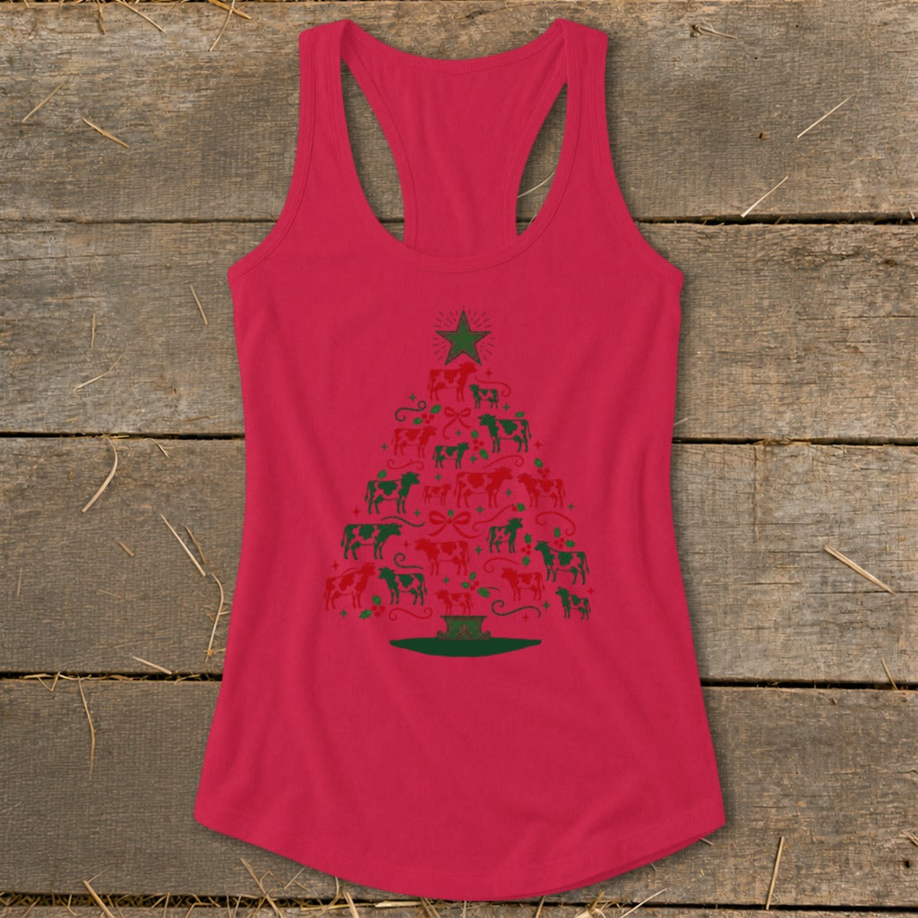 Red tank top with a Christmas tree made of cows and a star.