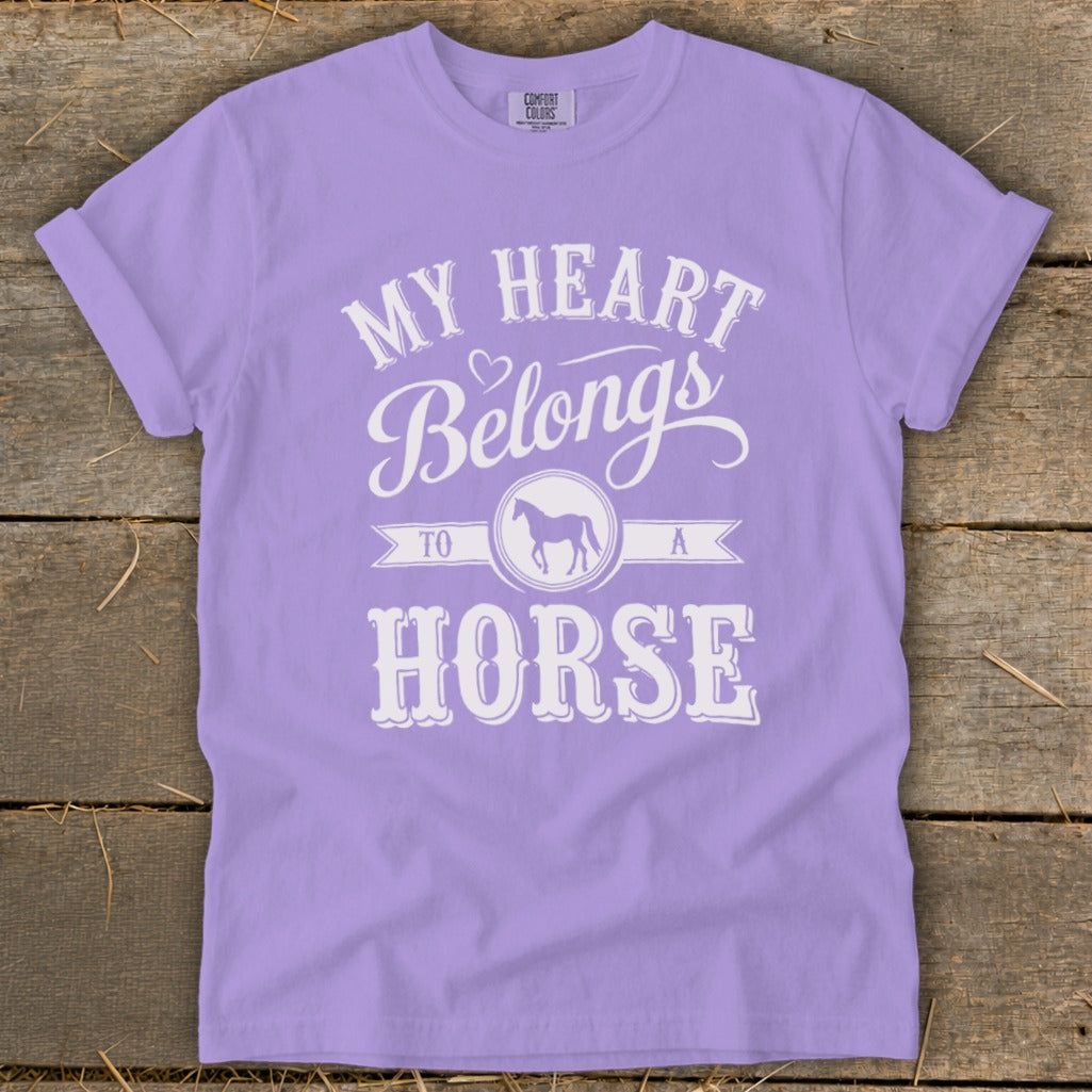 Purple t-shirt with white text reading "My Heart Belongs to a Horse" and a horse silhouette.